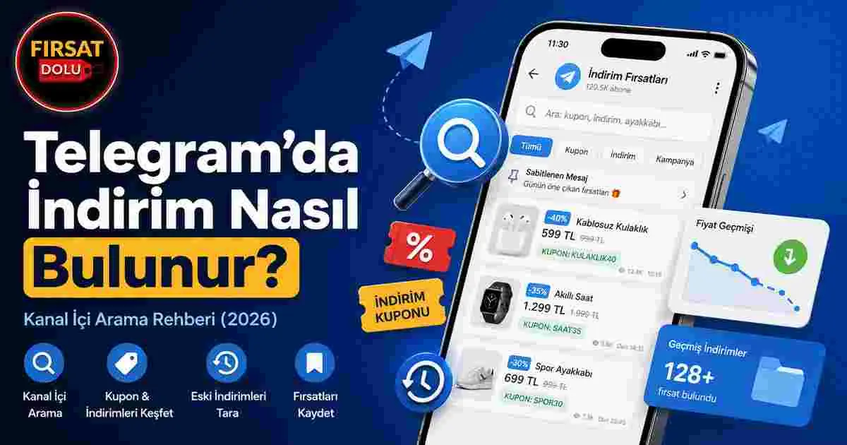 Telegram’da İndirim Nasıl Bulunur? Kanal İçi Arama Rehberi (2026) için FırsatDolu blog kapak görseli